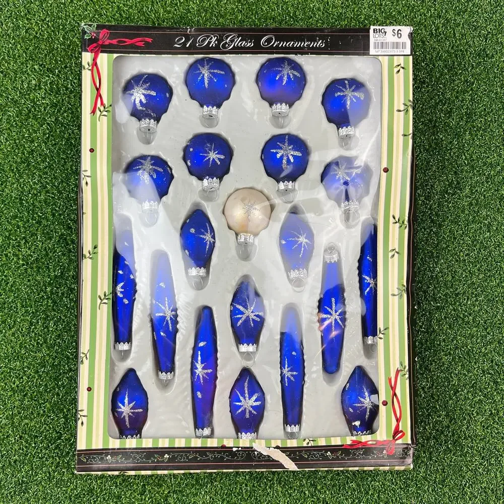 Vintage 21 Pk Blue Glass Christmas Ornaments Silver Snowflake Designs